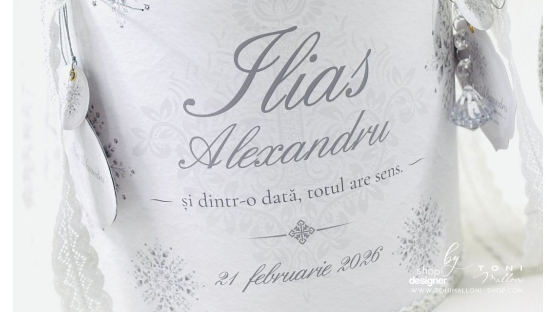 Trusou de botez alb cu gri si dantela bumbac brodata Fulg de Nea 10